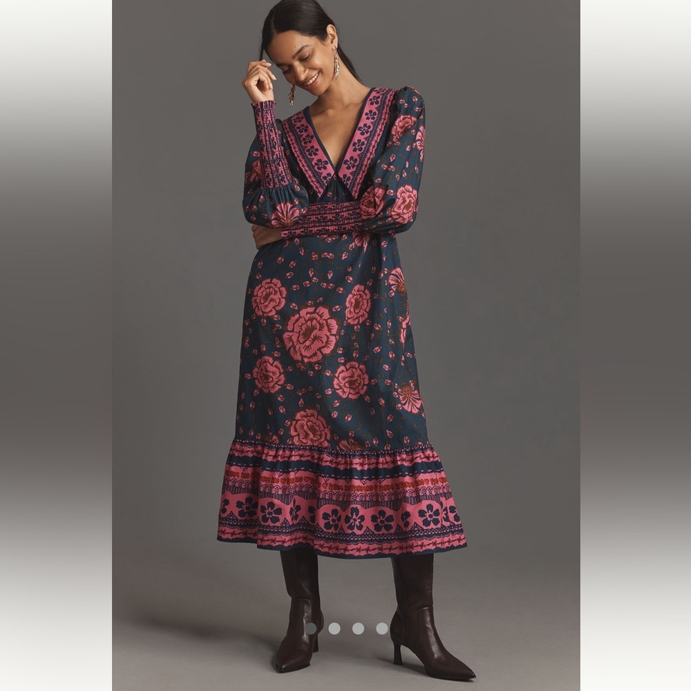 FARM Rio x Anthropologie Dress with Pink Floral Print and Pointed Collar